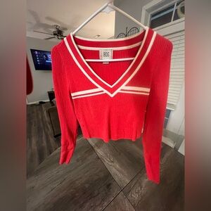 Women’s BDG Red & White  Ribbed V Neck  Cropped Sweater SIze Med